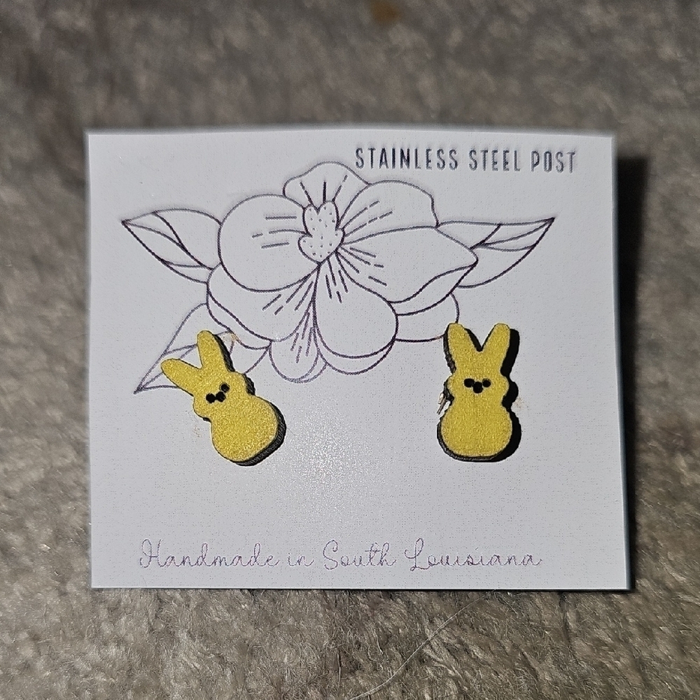 Yellow Peep Bunny Wood Earrings